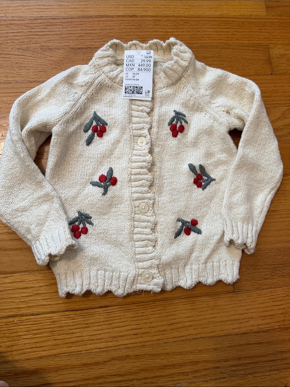H&M Cream Knit Cardigan with Red Cherry Embroidery